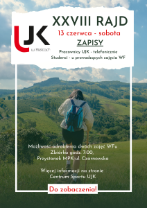 Plakat, zaproszenie na Rajd w formie graficznej, na pierwszym planie osoba z plecakiem, w tle góry