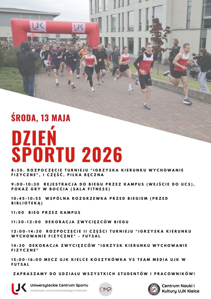 Zapowiedź w formie graficznej, studenci biorący udział w biegu przez kampus