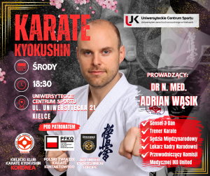 graficzna forma zaproszenia, po środku zdjęcie prowadzącego w stroju kimono